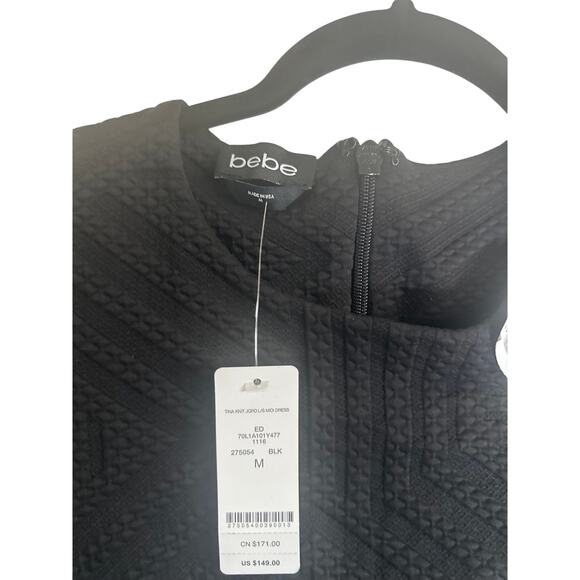 NWT Bebe Women's Black Textured Bodycon Dress M Long Sleeve Fitted Mini Cocktail - Picture 11 of 11